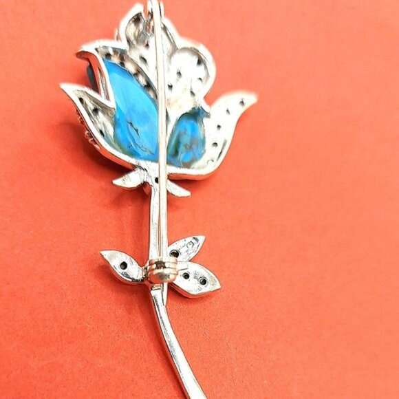 Stabilized Natural Blue Turquoise & Marcasite 925 Sterling Silver Rose‎ Brooch - Picture 4 of 10